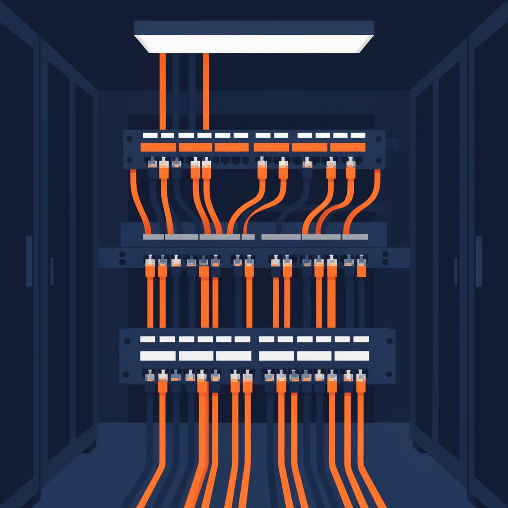 Patch panel di cablaggio strutturato con cavi di rete arancioni ordinati in un armadio dati