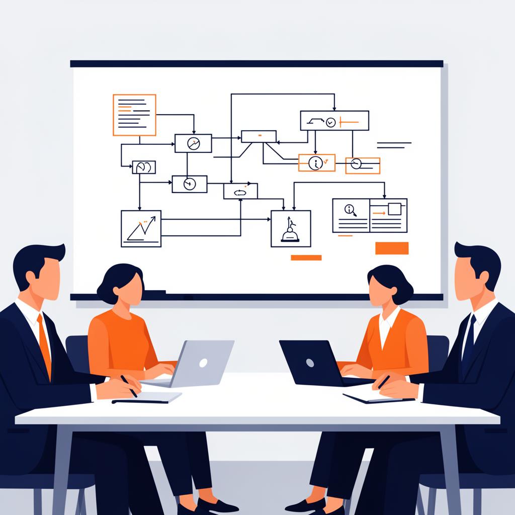 Team IT in riunione davanti a una lavagna con diagramma di flusso durante una consulenza