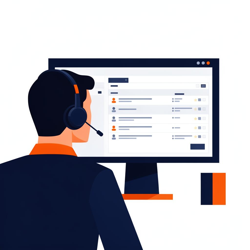 Operatore di help desk con cuffie davanti a un monitor con lista di ticket di assistenza
