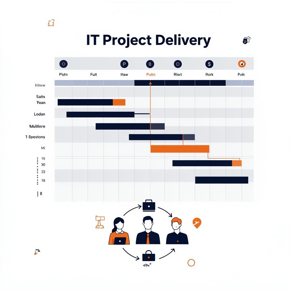 Diagramma di Gantt di un progetto IT con fasi, milestone e team di delivery